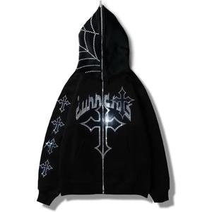 RYXSUN Rhinestone Hoodie Men Women Letter Graphic Gothic Hoodie Print Sweatshirt Full Zip Up Oversized Jacket (Medium, Black1)