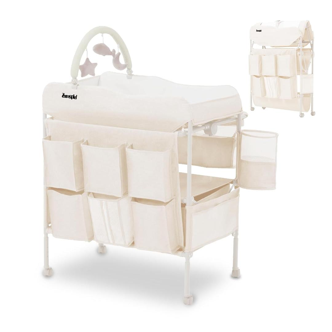 Baby Changing Table, Versatile Portable Folding Changing Table, Waterproof Diaper Changing Station with Waste Basket, Adjustable Height with 2 Drawers, Baby Changing Station, Beige