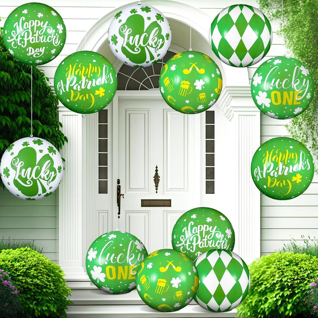 Jetec 12 Pcs 12'' St. Patrick's Day Hanging Ornament Inflatable PVC Decorations Shamrock Ball Shape Yard Ornaments for Lawn Lucky Clover Yard Ornaments for Party Decorations(Ball Style)