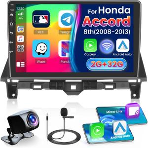 Fulukufor Honda Accord 8th 2008-2013 Android Car Stereo with Wireless Carplay Android Auto, 10" Touch Screen Radio Dash Kit GPS Navigation WiFi Bluetooth SWC Mirror Link, Mic Backup Camera