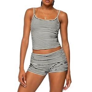 Women Fashion Striped 2 Piece Lounge Set Camisole Crop Top and Fold Over Shorts Pajama Sets Streetwear (Small, Black)