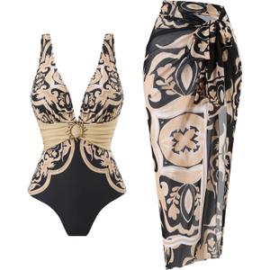 SherryDC One Piece Swimsuit with Cover up Wrap Skirt Sarong Floral Print Plunge V Neck Bathing Suit for Women (L)
