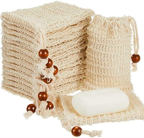 Cunhill 8 Pack Soap Saver Bag Exfoliating Sisal Soap Pouch with Drawstring Bar Wooden Bead Foaming and Drying Exfoliating Net for Bath and Shower (3.5x5.5 Inch)