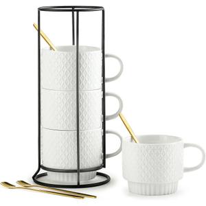 LYEOBOH Stackable Coffee Mugs with Rack, 13 oz Ceramic Coffee Mug Set of 4 with Stand, Latte Cup with Spoon, Cappuccino Cups for Hot Cocoa, Milk, White