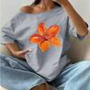 Women's Oversized Off Shoulder Graphic Tees Short Sleeve Bow Letter Print T Shirts Y2K Tops (Gray, L)