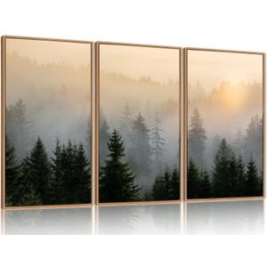 FWIEXA Misty Forest Wall Art Canvas Set, Framed Mountain Wall Decor, 3 Piece Nature Wall Painting, Foggy Pine Tree Landscape Artwork, 16x24 Inches Green Pictures for Living Room, Bedroom, Office, Gift