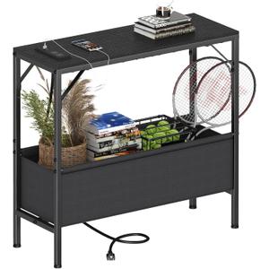 Asgolion 31.5" Console Table, 9.5" D Entryway Table with Power Outlets & USB Ports & Fabric Basket, Narrow Sofa Table for Hallway, Foyer, Living Room, Black