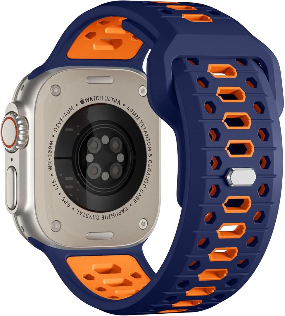 Maledan 26MM Sport Band Compatible with Apple Watch Ultra 2/Ultra/Ultra 3 Band 49mm 46mm 45mm 44mm 42mm Men, Honeycomb Breathable Silicone Waterproof Strap for iWatch Apple Watch Series 11 10 9 8 7 6 5 4 3 SE (Navy Blue/ Orange)