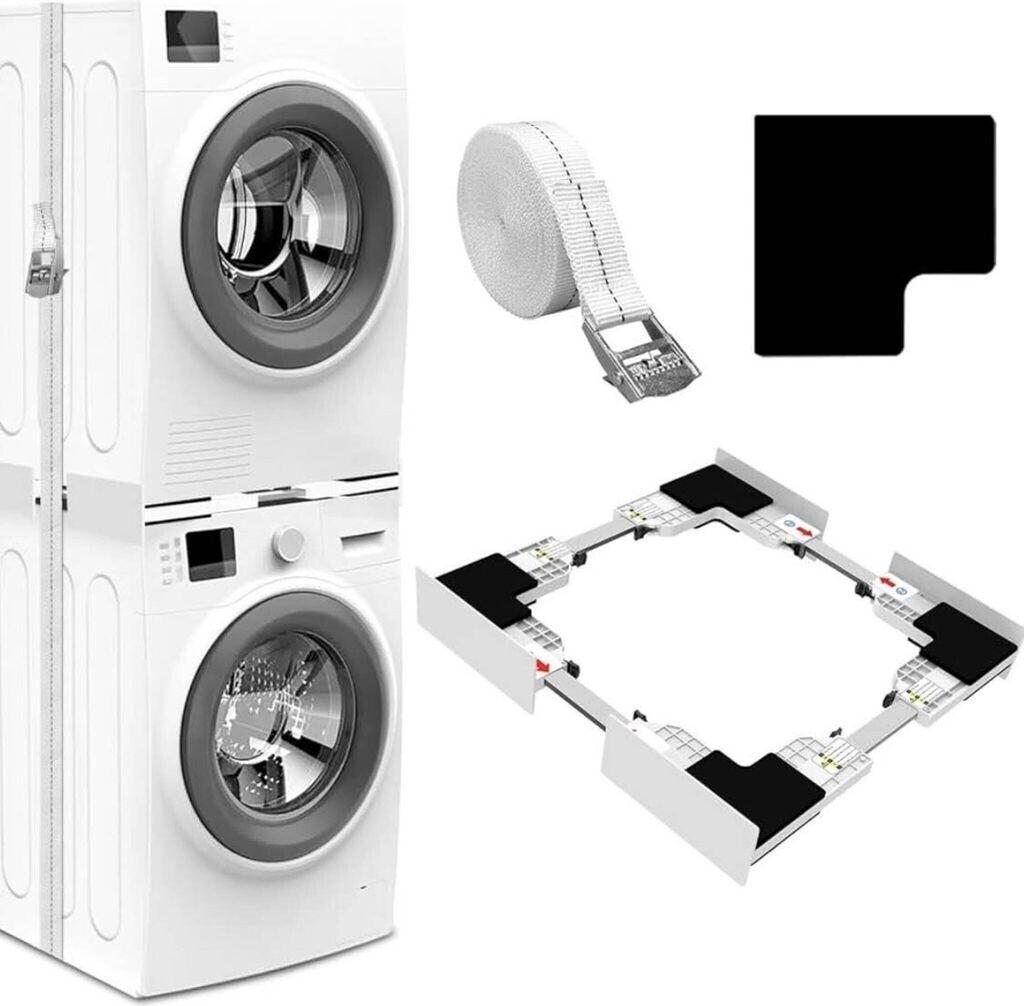 NIUXX Washer Dryer Stacking Kit for 46-66 cm Washing Machine: Space Saver | Adjustable Stacking Frame Set for Most Washer Units - Laundry Intermediate Stacker with Ratchet Strap & Anti-Vibration Pads