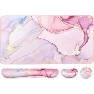 Keyboard Mouse Pad Set, Extended Mouse Pad+Keyboard Wrist Rest Support, Memory Foam Ergonomic Easy Typing, 3Pcs (35.415.7 in) Desk Pad Set for Home Office Study Game- Pink Marble