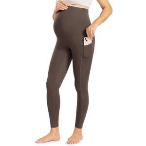 ENERFUL Womens Maternity Leggings with Pockets Workout Legging Pants Buttery Soft Pregnancy Active Wear Yoga Tights (Brown, S)