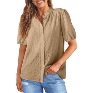 EVALESS Womens Button Down Shirts Cute Short Puff Sleeve V Neck Tops Spring Summer Blouses for Women Dressy Casual (L)