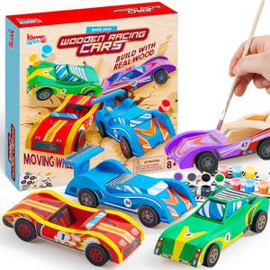 Klever Kits 4 DIY Wooden Race Cars-Build & Paint Your Own Wood Craft Kit, 4 Race Cars Toy, Easy to Assemble Arts Crafts Kit, Birthday Party Presents for Kids Boys and Girls