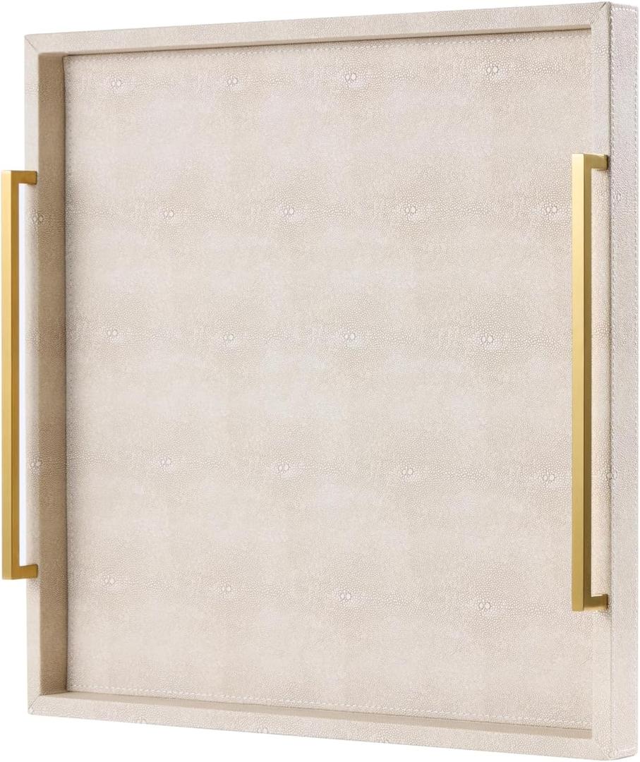 Ivory Shagreen Extra Large Ottoman Trays with Gold Handles 20x20, Faux Leather Large Coffee Table Tray for Living Room, Versatile Decorative Serving Tray (Ivory-Gold Handle, 20")