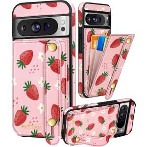 Petitian for Google Pixel 8Pro Case with Wallet - Women Girls Cute Girly Aesthetic Unique Design Leather Credit Card Holder Cardholder Stand Wristband for Pixel 8Pro, Strawberry