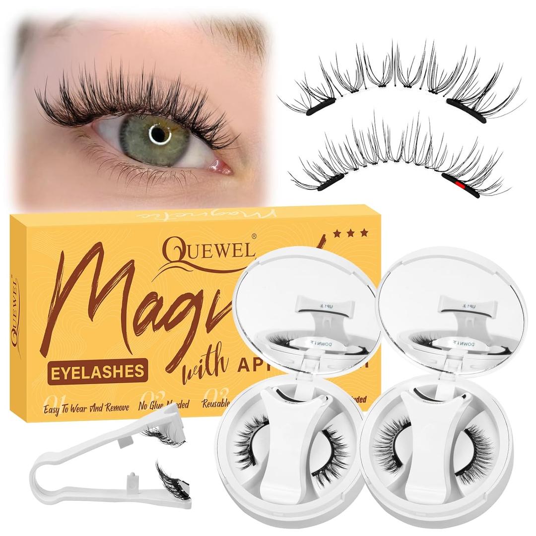 QUEWEL Magnetic Eyelashes with Applicator, 2 Pairs Portable Magnetic Lashes with Applicator, Upgrade Magnetic Eyelashes Natural Look More Easy to Wear, Easy to Wear and Remove(Magnetics NZH-D+G)