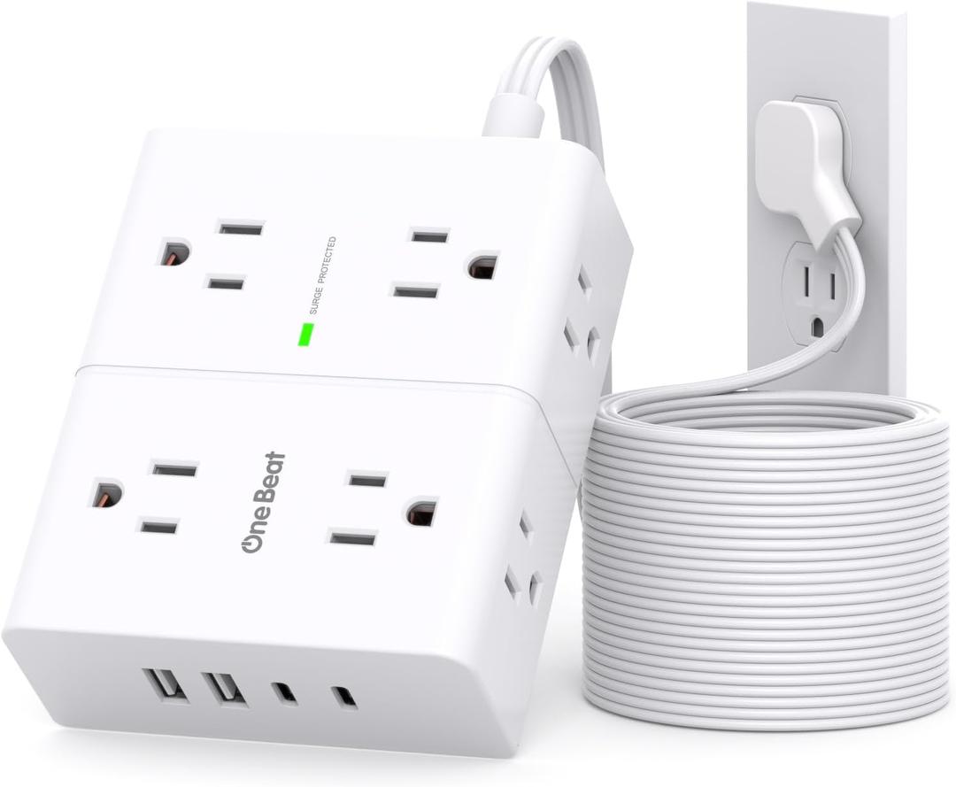 Surge Protector Power Strip 20 ft Cord, Flat Plug Extension Cord with 8 Outlets 4 USB Ports(2 USB C), 3 Side Wall Mount Outlet Extender, Long Extension Cord for Home Office Dorm Room Essentials