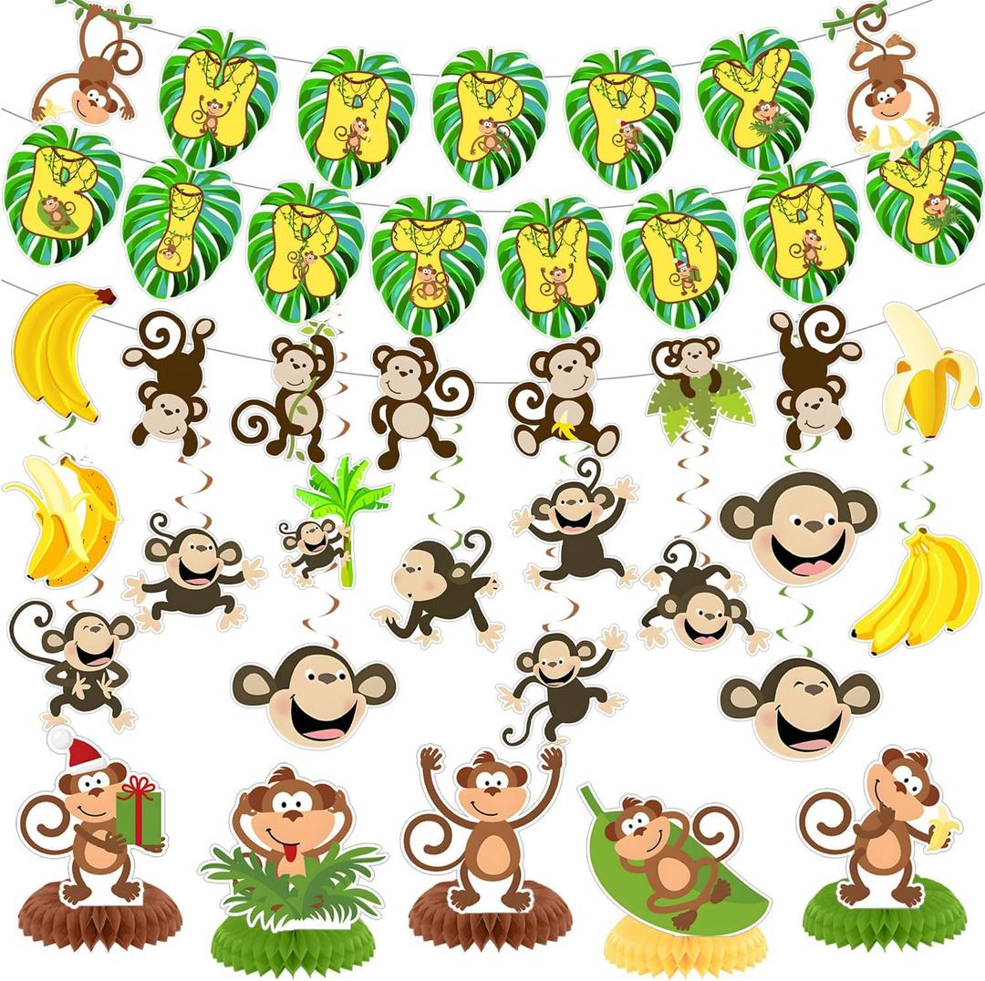 Jungle Monkey Birthday Party Decorations, Monkey Party Decor Supplies Includes Happy Birthday Banner Banana Hanging Swirls Honeycomb Centerpiece