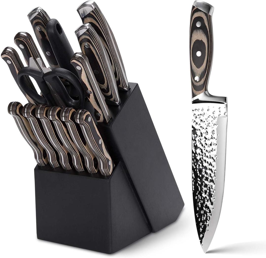 Kitchen Knife Set,15-Piece Knife Set With Block Wooden,Self Sharpening For Chef Knife Set,High Carbon Japan Stainless Steel Hammered Collection Knife Block Set with Steak Knives (Gray)