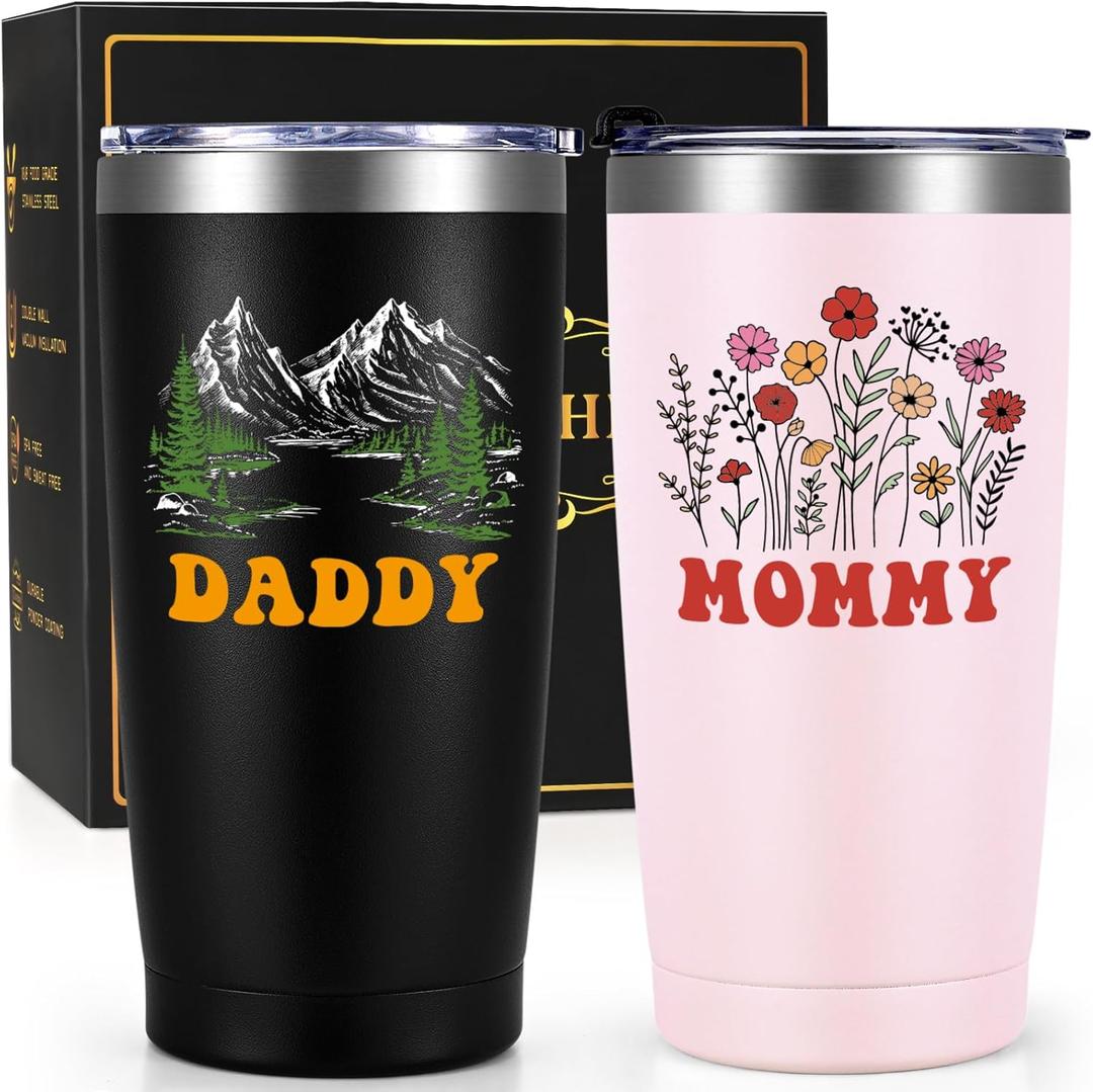 Qtencas Gifts for Parents, Mom and Dad Gifts, Daddy and Mommy insulated Travel Tumbler Set, Pregnancy Announcement, New Parent Present for Couples, Christmas Birthday Present, 20 Oz Black & Pink