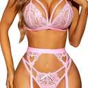 RSLOVE Women Lingerie Sets with Garter Belt 3 Piece Lace Teddy Babydoll Bodysuit (Small, Light Pink)