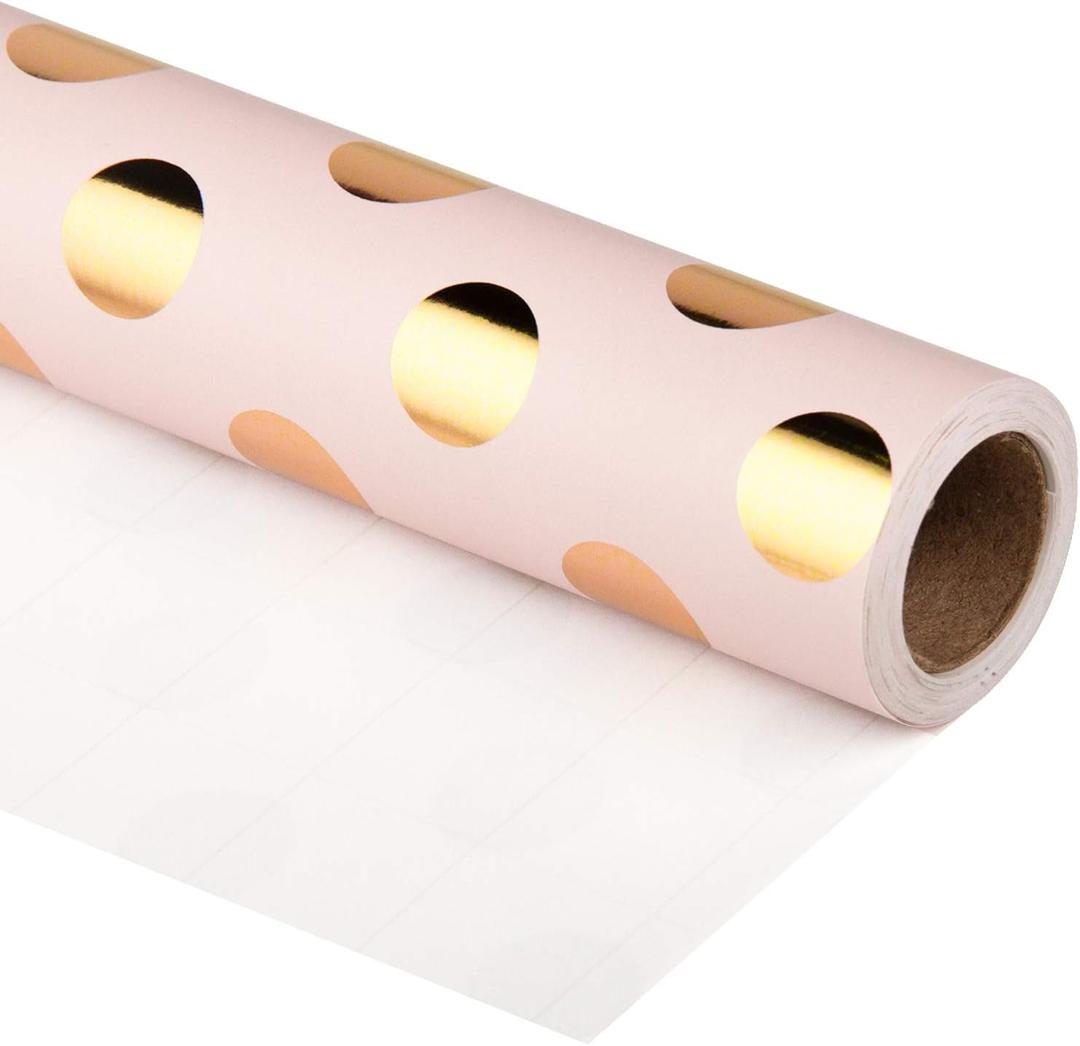 RUSPEPA Wrapping Paper Roll - Gold Foil Dots Baby Pink Background Design for Wedding, Birthday, Shower, Congrats, and Holiday - 30 inches x 32.8 feet (1 Count (Pack of 1))