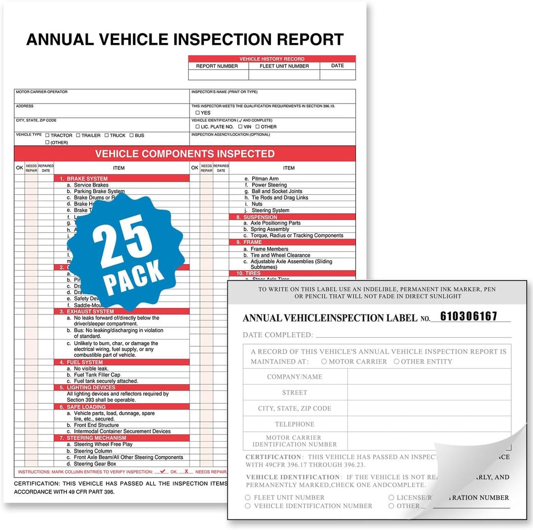 Annual Vehicle Inspection Report Form 25-pk 3-Ply Carbonless, 8.5" x 11.75" + 2-Ply Vinyl with Mylar Laminate Label 5" x 4"