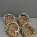 Thyle 4 Pcs Flower Girl Baskets with Handle, 7.87 x 4.33 Inch, Wicker Rattan Lightweight Brown Rustic Flower Girl Baskets for Wedding Ceremony, Bridal Shower and Home Decoration(Green Ribbon,Pearls)