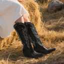 IDIFU IN3 Cowboy Boots for Women Cowgirl Knee High Western Embroidered Booties Side Zipper Low Block Chunky Heel Pull on Pointed Toe Tall Booties Comfy Dress Long Boots