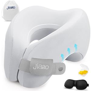 Jiaao Memory Foam Neck Pillow for Travel & Airplanes, Adjustable Travel Pillow for Long Flights & Road Trips, Includes Eye Mask, Earplugs & Bag