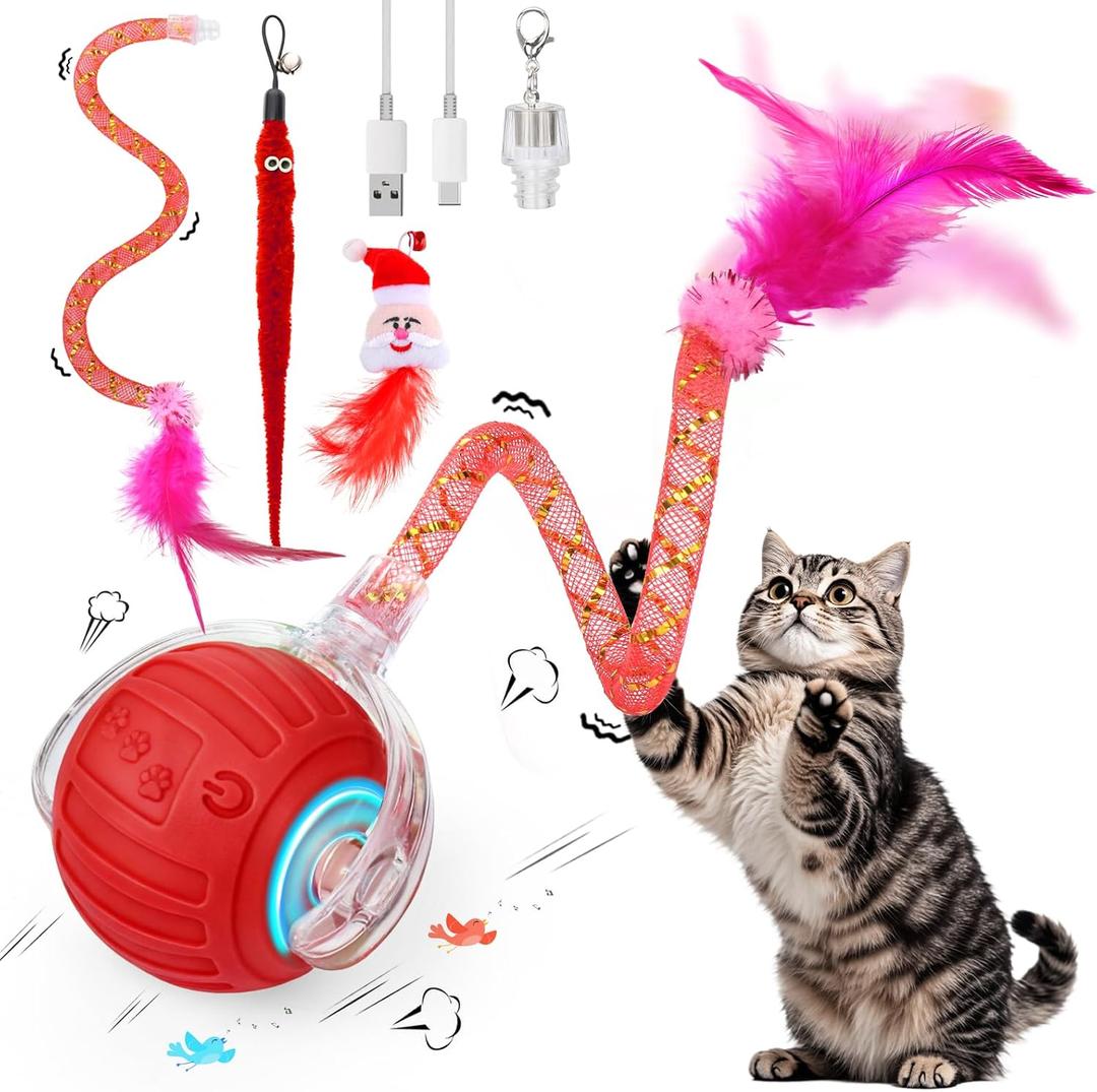 Interactive Cat Toy Ball - Christmas Cat Toys for Indoor Cats with Feather Tails for Chasing, Moving Stimulation Smart Cat Toy for Enrichment, Motion Activated Automatic Rolling Toys to Keep Them Busy