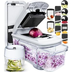 Fullstar All-in-1 Vegetable Chopper and Mandoline Slicer for Kitchen - Cheese Grater, French Fry Cutter, Cheese Slicer - Bonus Handheld Spiralizer Included (6 in 1, Black/White)