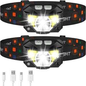 LHKNL Headlamp Flashlight, Lumen Ultra-Light Bright LED Rechargeable Headlight with White Red Light, 2-Pack Waterproof Motion Sensor Head Lamp,8 Modes for Outdoor Camping Running Hiking Fishing (Black)