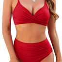 ZAFUL Women High Waisted Bikini Sets Two Piece Swimsuit Push Up Twist Front Ruched Bathing Suit (Large, Red)