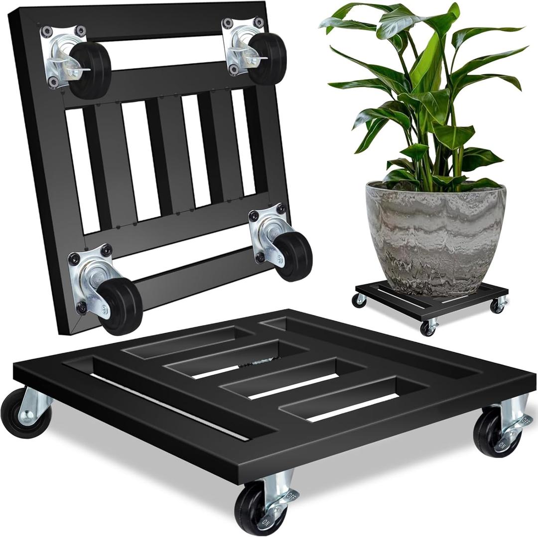 Heavy Duty Plant Caddy with Wheels, 16'' Metal Rolling Plant Stand Indoor Outdoor, 2 pcs Square Plant Dolly with Lockable Caster Wheels Holds up 400 Lbs Planter (Black)
