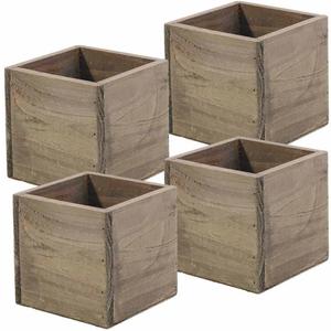 Wood Planter Box, 5 Inch Square, Rustic Barn Wood, Plastic Liner, Garden Centerpiece Display, Wedding Flowers Holder, Home and Venue Decor, (Set of 4)