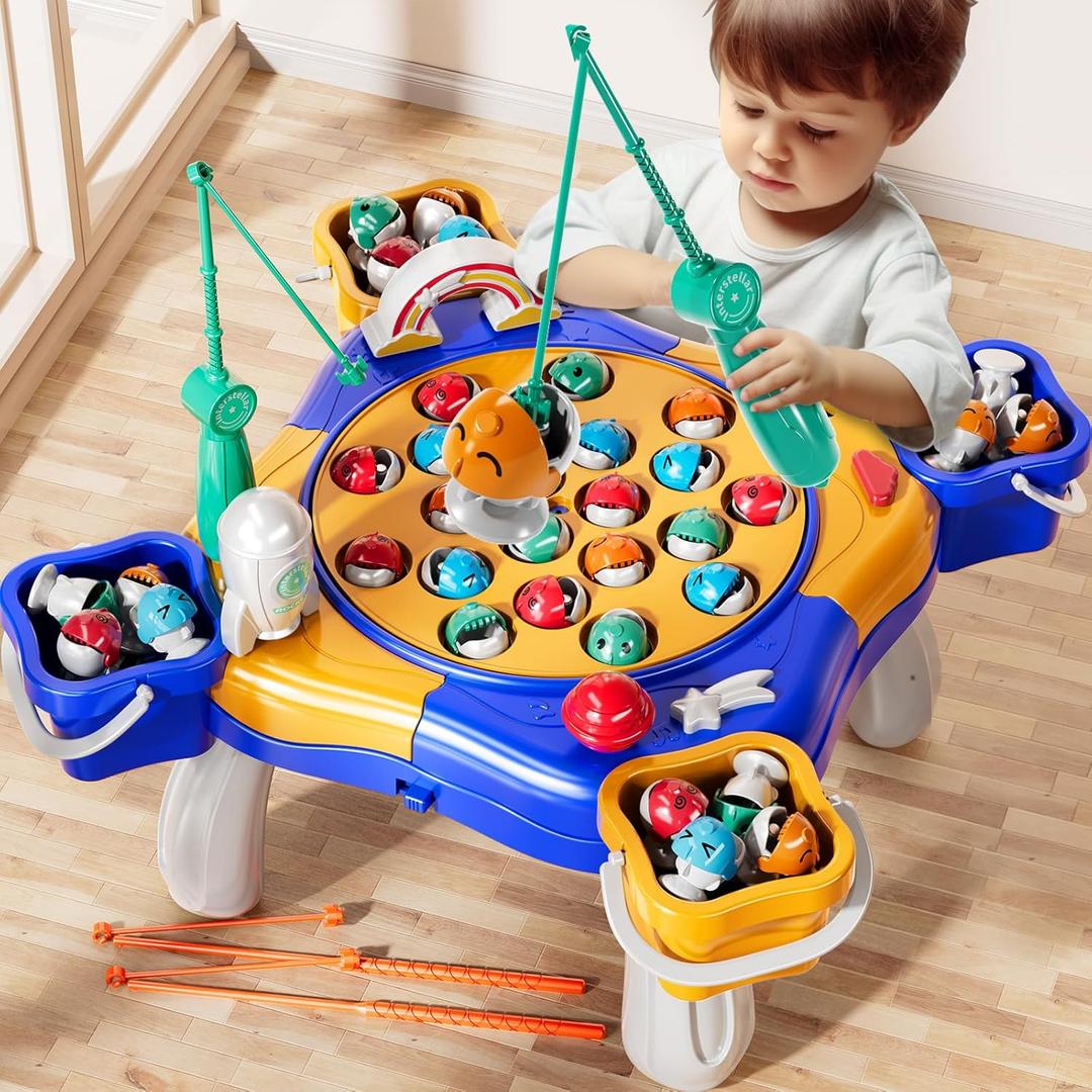 Magnetic Fishing Game Toys Kids 3-5, Including 48 Fishes and 8 Fishing Poles Rotating Board Game with Music, Party Game Toys for Kids Age 3 4 5 6 7 8 and Up (Blue)
