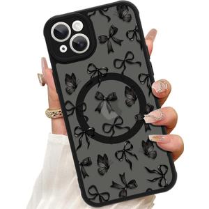 ZIYE Magnetic Case for iPhone 15 Plus 6.7 Inch [Compatible with MagSafe] Hard PC and Soft TPU Case with Black Bow Butterflies Anti-Scratch Shockproof Protection Phone Cover for Women - Black