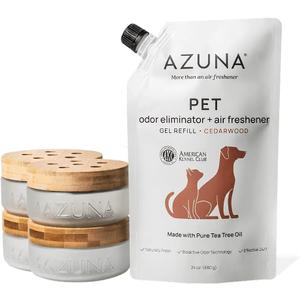 Azuna Pet Odor Eliminator for Strong Odor | 4 Room Kit Includes (4) Empty Luxe Glass Jar & 24oz Gel Refill | Plant Powered | Dog and Cat Room Deodorizer | Pet and Child Friendly | Cedarwood Scent