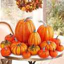 Ywlake 16 Pcs Assorted Sizes Artificial Pumpkins, Large Black Fake Pumpkin Fall Decor for Autumn Harvest Thanksgiving Halloween Decoration Faux Pumpkins for Outdoor Decorating