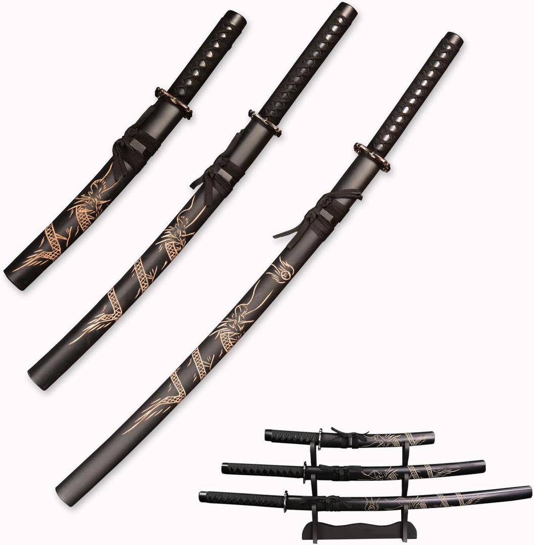 3pc Set Japanese Samurai Sword with Display Stand,Iaido Katana Carbon Steel Blade Real Sword for Display Decoration and Gift