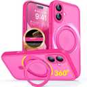 CANSHN 360 Spin Magnetic Stand for iPhone 17 Case with Camera Control [Full Camera Protection] [Compatible with Magsafe] Translucent Matte Shockproof Protective Phone Cover 6.3" - Hot Pink