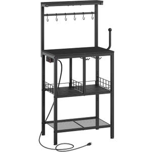 YATINEY Bakers Rack with Power Outlet, Microwave Stand with Paper Holder, Coffee Bar Table with Wine Glass Holder, 4-Tier Kitchen Storage Rack for Dining Room, Living Room, Black HB02UBB