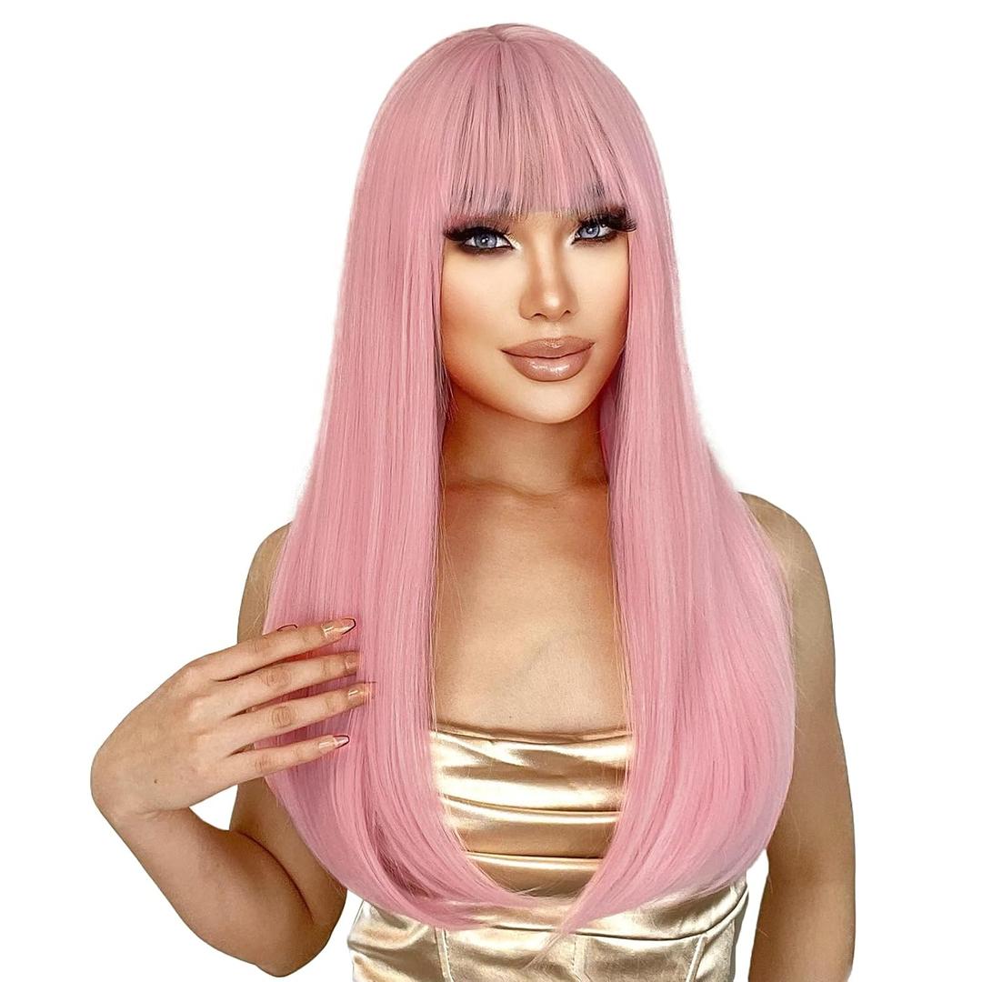 ENTRANCED STYLES Pink Wig for Women Long Straight Wigs with Bangs Light Pink Wigs for Hallween Cosplay Pastel Hair for Grils Charming Synthetic Colorful Cosplay Hairs for Party Daily Wear 22Inch