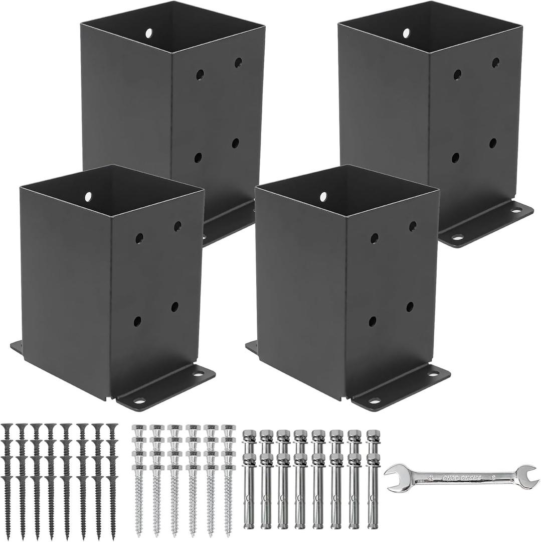44 Post Base 4 Pcs, (Inner Size 3.6"x3.6") Post Brackets, Heavy Duty Black Metal Powder-Coated Thick Steel Post Anchor Outdoor for Support Deck Base Plate Pergola Brackets Fence Kit