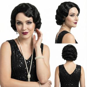 Short Black 1920s Wig for Women Gatsby roaring 20s Finger Wave Party Synthetic Full Vintage Wigs for Womens Lady Cosplay Costume Fancy Dress 1920 Flapper Wig (Black)