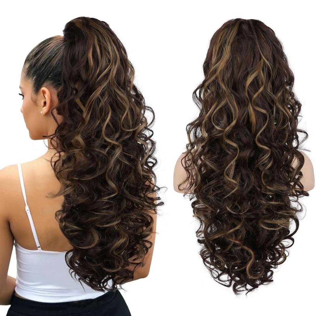 SEIKEA Ponytail Extension, 24" Fluffy Long Wavy Curly Claw Clip Hair Extensions Ponytail Multi-layered Clip in Fake Pony Tails Natural Soft Synthetic Hairpiece Chocolate Brown/Caramel Blonde