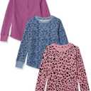 Amazon Essentials Girls and Toddlers' Long-Sleeve Cotton Thermal T-Shirt, Pack of 3 (Large, Purple/Animal), Size for 9yr
