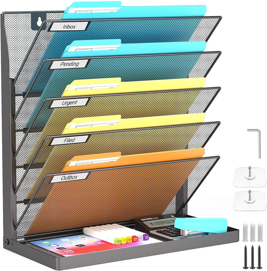 Legal/Letter Size 6 Tier Wall File Organizer,2-in-1 Wall Mounted&Desktop File Holder,2 Installation Methods Screws & Adhesive,Mesh Document Organizer with Label Plate for Home Office