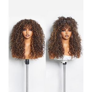 GORGIUS GORGIUS Veralux Blend Human Hair Highlight Brown Curly Wig with Bangs Glueless Synthetic Bang Wigs with Realistic Scalp Put On ang Go Beginner Friendly 20 Inch